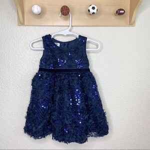 Emma Rose Navy Blue Sequin Floral Textured Baby Girl Dress